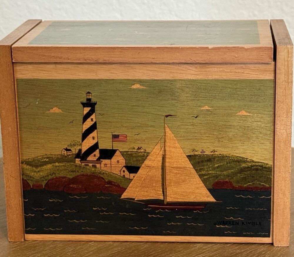 Vtg 1997 Warren Kimble Coastal Breeze Wooden Recipe Box Kamenstein Folk Art